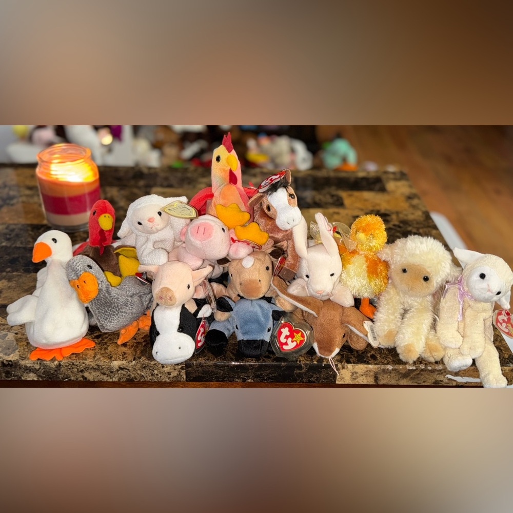 🐷🐔🐮TY Beanie Babies Lot of 16 • Gracie Gobbles Fleece Fleecie Meekins
